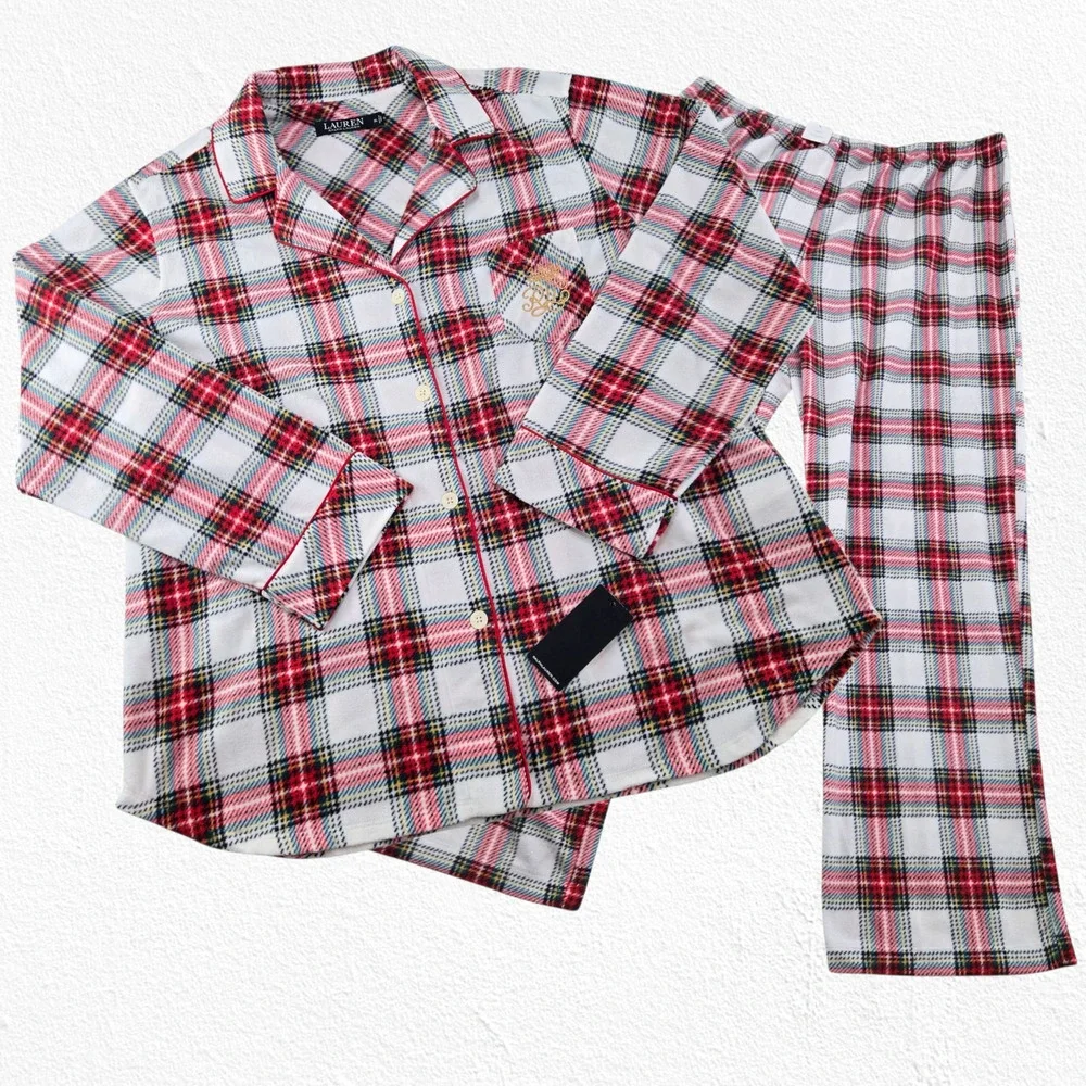 Lauren Ralph Lauren Ivory Red Green Tartan Plaid Fleece Pajama Set Size XL NWT